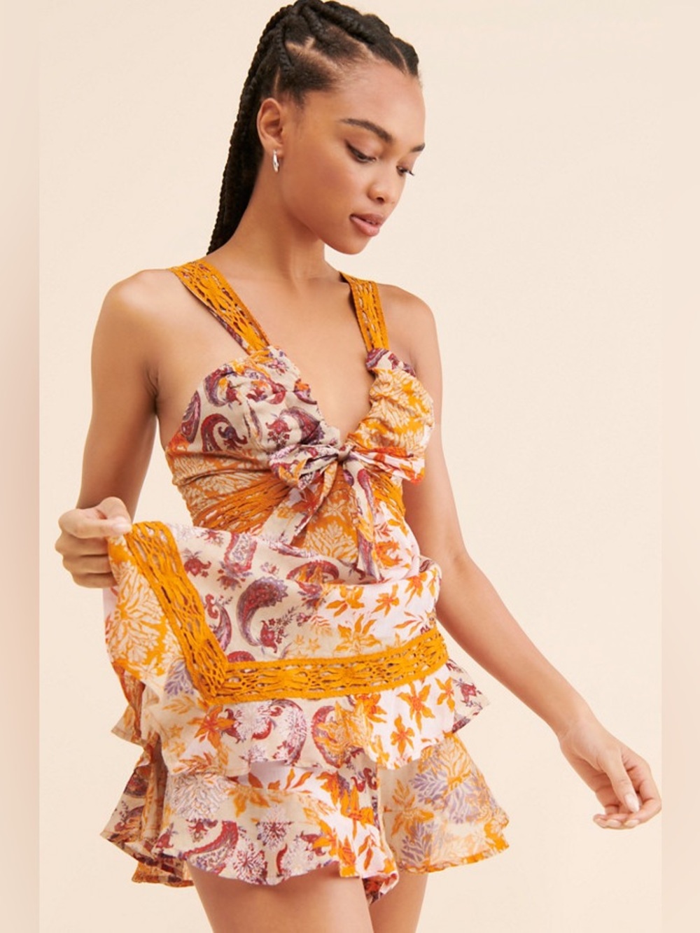 Free People Bali Oletta Romper Lace Ruffle Paisley Tie Back Large Orange purple
